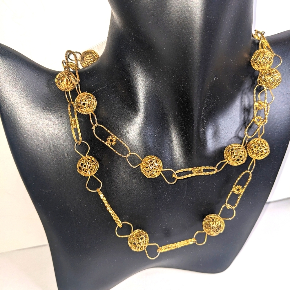Vintage Filigree Gold-Tone Beaded‎ Necklace – Retro Statement Chain